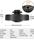 Diagram showing dimensions of Go Kart Beefy Centrifugal Clutch Three Quarter Inch Bore 10 Tooth For 40 41 420 Chain Built For Predator 212 Engine
