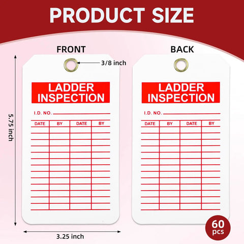 60 Pack Ladder Inspection Tags With Double Sided Safety Record Labels And Beefy Nylon Cords Plus Durable Ink Pen For Warehouse Crews And Municipal Sites Easy Grip Layout Straight Talk Compliance Notes Built Tough For The Day Shift Grind showing front and back views with dimensions.