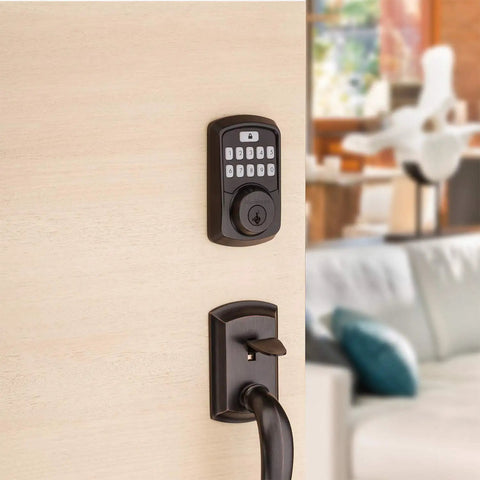 Aura Bluetooth Programmable Keypad Door Lock Deadbolt With SmartKey Security, Venetian Bronze Finish installed on wooden door