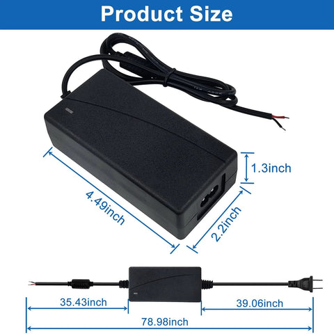 Front view of a black rectangular AC/DC power adapter with attached cord; outputs 12V DC 5A for 12V actuator/motor, input 100–240V AC.