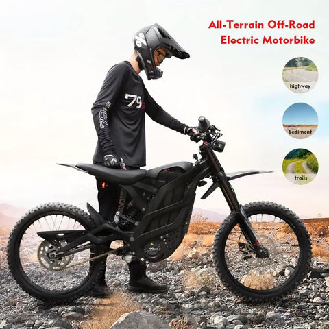 Badass Electric Dirt Bike For Adults Teens, 8000W Brushless Motor Ebike With 60V Dual Battery, side view of black electric dirt bike on rugged terrain.