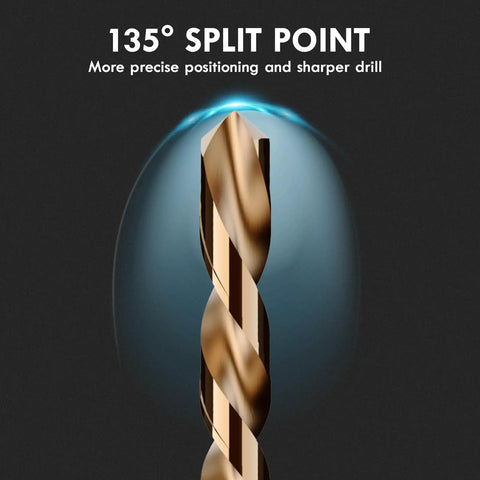 Close-up of a drill bit with 135-degree split point design, part of the Left Hand Cobalt Drill Bit Set 13 Pc M35 High Speed Steel.