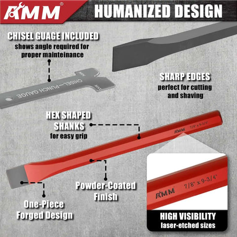 Diagram of 28 Piece Heavy Duty Punch And Chisel Set with chisel gauge, sharp edges, hex shanks, and powder-coated finish.