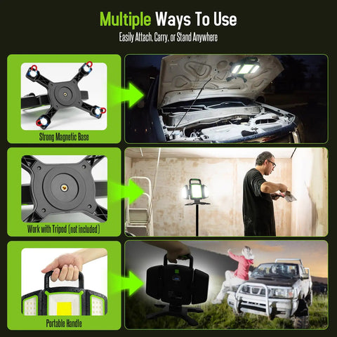 Multiple uses of Rechargeable LED Work Light 30W With 3000 Lumens, Magnetic Base, garage work, car repair, wall painting