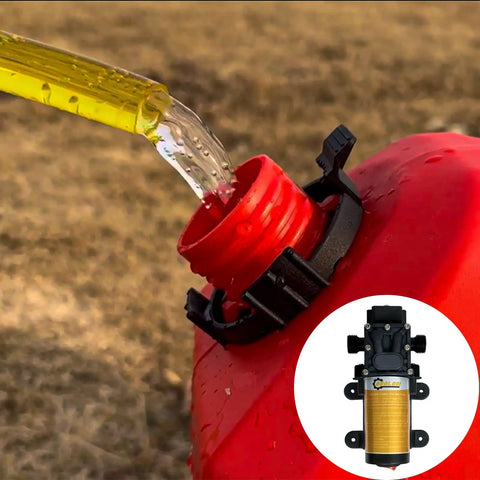 12V 75W Electric Fuel Transfer Pump Self Priming Portable 110 GPH Gasoline and Diesel Transfers For Cars Trucks Boats Tractors and Farm Equipment Perfect For All Your Fuel Transfer Jobs next to a red fuel container on grass.