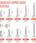 450 Piece Self Tapping Screws Kit Made From 410 Stainless Steel For Fast Strong Mounts In Metal Plastic And Wood With Lengths From One Half Inch To One And One Quarter Inch In A Rust Resistant Silver Finish, hexagon self-tapping screw size details.