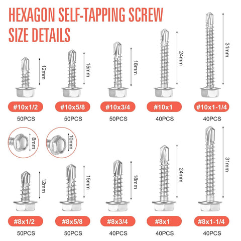 450 Piece Self Tapping Screws Kit Made From 410 Stainless Steel For Fast Strong Mounts In Metal Plastic And Wood With Lengths From One Half Inch To One And One Quarter Inch In A Rust Resistant Silver Finish, hexagon self-tapping screw size details.