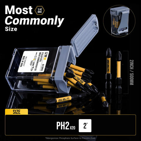 20-Piece Phillips Bit Set Size Two For Impact Drivers, 2 Inch S2 Alloy Steel With Magnetic CNC Machined PH2 Tips displayed open box