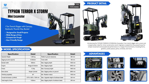 Storm X Terror Mini Excavator 1 Ton trench digger with canopy and wide bucket for gardens, farms, parks, and roads.