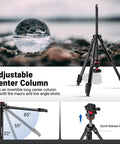 Travel Tripod For Camera And Phone, 66.5 Inch Tall Aluminum Stand With Ball Head, Arca Type Quick Release Plate, Phone Holder For iPhone, Supports Up To 11 Lb, TP12 with adjustable center column and quick release knob