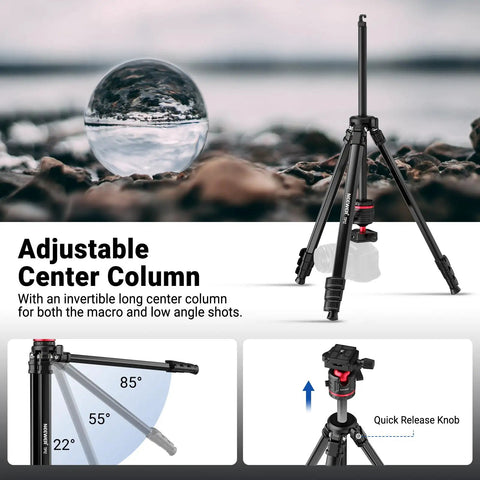 Travel Tripod For Camera And Phone, 66.5 Inch Tall Aluminum Stand With Ball Head, Arca Type Quick Release Plate, Phone Holder For iPhone, Supports Up To 11 Lb, TP12 with adjustable center column and quick release knob