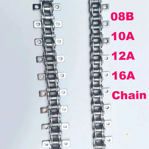 Durable 304 Stainless Steel Ear Drive Roller Chain for Industrial Conveyor Belts, showing 08B, 10A, 12A, and 16A sizes.