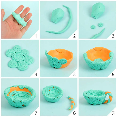 Step-by-step guide for shaping 50 Color Polymer Clay Set For Kids And Artists into a decorative bowl with sculpting tools.
