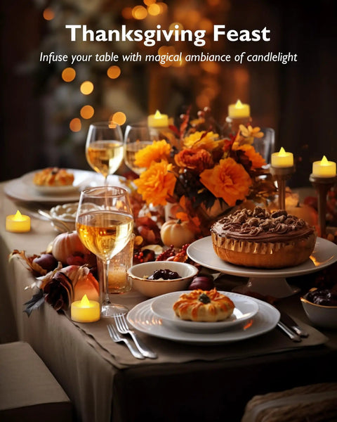 Thanksgiving table with 24 Pack Battery Operated Tea Lights With Realistic Flicker And Cozy Warm Glow Flameless Votive Candles