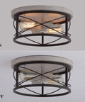 Two Light Rustic Oak White Flush Mount Ceiling Light With Black Open Cage showing on and off states.