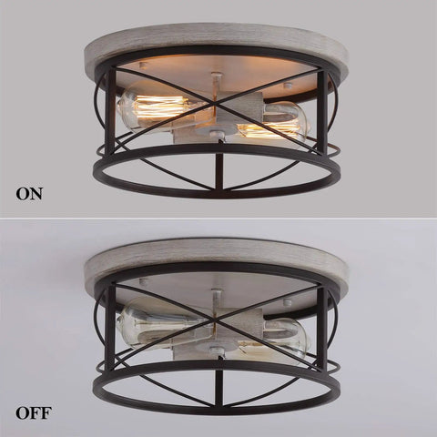 Two Light Rustic Oak White Flush Mount Ceiling Light With Black Open Cage showing on and off states.