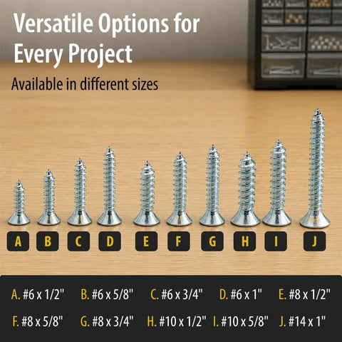 #6 X 1/2 Zinc Plated Flat Head Wood Screws Featuring Phillips Drive in 100 Pack of Premium Carbon Steel Hardware on wood surface.