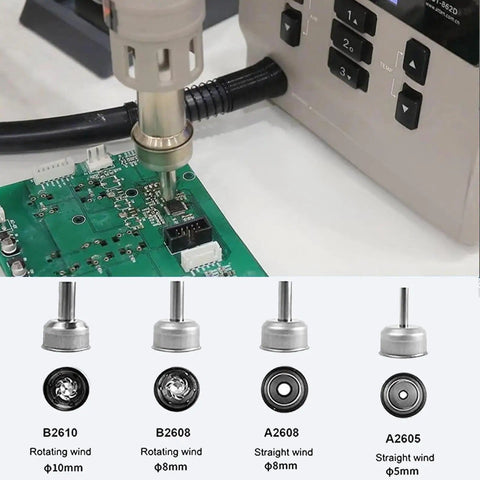 Hot Air Soldering Station With 1000W Power, ST862D Digital Rework Station shown working on PCB with 4 nozzles displayed.