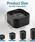 Eight Pack TV Stand Riser Blocks provide rock solid heavy duty adjustability with stackable black risers, showcasing size dimensions.