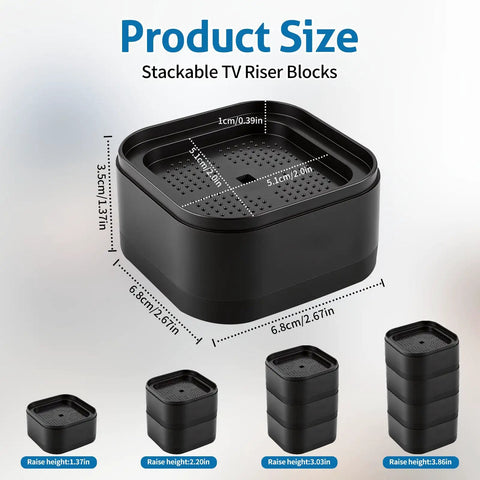 Eight Pack TV Stand Riser Blocks provide rock solid heavy duty adjustability with stackable black risers, showcasing size dimensions.