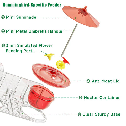 Window Mounted Hummingbird Feeder With Strong Suction Cups Bee Proof Ports Ant Moat And Dual Sun Shades components view.