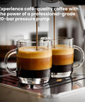 Solid Build 20 Bar Semi Automatic Espresso Machine With Pro Grade Milk Frother Led Display Adjustable Shot Volume Heavy Duty Stainless Steel Home Coffee Maker Zero Hassle Brewing with espresso pouring into two clear mugs.