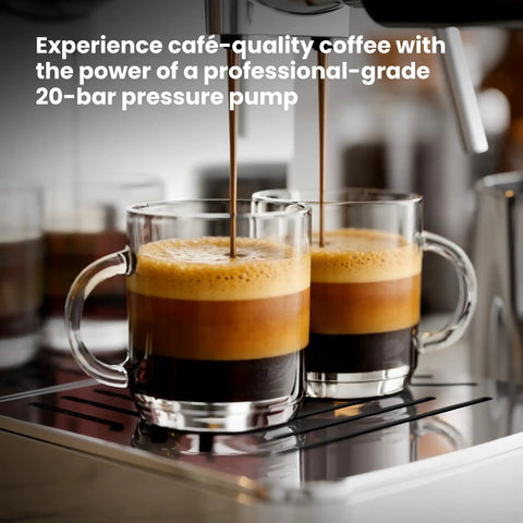Solid Build 20 Bar Semi Automatic Espresso Machine With Pro Grade Milk Frother Led Display Adjustable Shot Volume Heavy Duty Stainless Steel Home Coffee Maker Zero Hassle Brewing with espresso pouring into two clear mugs.