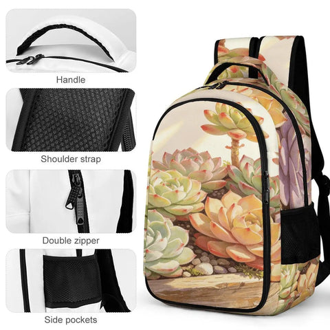 Succulents Wooden Planter Print Backpack Unisex Large Capacity Durable Polyester