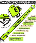 DSM5 And Reel Set 5ft High Visibility Surface Marker Buoy with 100ft Dive Reel, neon yellow safety features labeled details