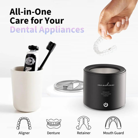 Ultrasonic Retainer Cleaner Machine With Auto Adjust 39 48KHz Deep Clean For Aligners Night Guards Mouth Guards Dentures No Fuss At Home Quiet And Easy To Use, black unit