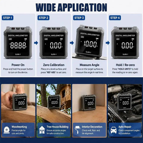 Step-by-step guide for using Straight Shooting Digital Angle Finder And Level With A Super Grippy Magnetic Base.