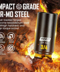 Super Tough Three Eighths Inch Drive Impact Socket Set Packing Sixty Seven Pieces Of Metric And Sae Shallow Deep And Swivel Sockets Complete With Extension Bars Adapters And Universal Joint Built From Solid Cr Mo Steel, 3/4 in Cr-Mo impact socket