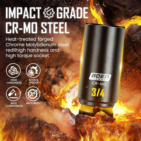 Super Tough Three Eighths Inch Drive Impact Socket Set Packing Sixty Seven Pieces Of Metric And Sae Shallow Deep And Swivel Sockets Complete With Extension Bars Adapters And Universal Joint Built From Solid Cr Mo Steel, 3/4 in Cr-Mo impact socket