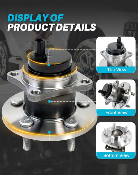 Display of Rear Wheel Bearing Hub Assembly 512403 for 2009-2019 Corolla and other models, showcasing top, front, and bottom views.