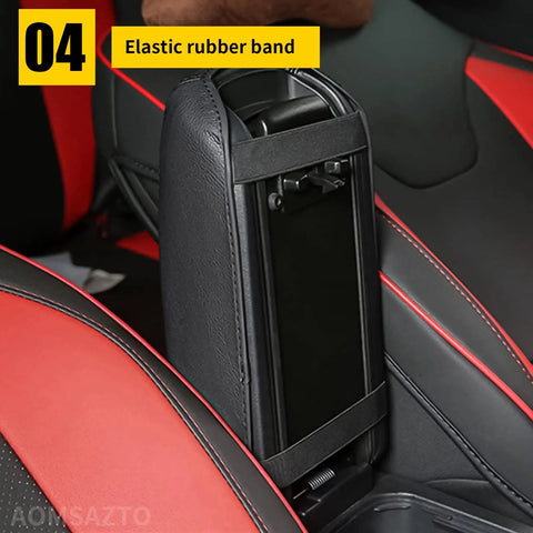 Custom Fit Armrest Cover For Hyundai Sonata 2015 2019 Black Console Pad with elastic band installed on a car center console