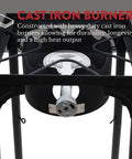 Propane Single Burner Camp Stove With High Temp Paint showing cast iron burner and steel braided regulator. Ideal for outdoor cooking.