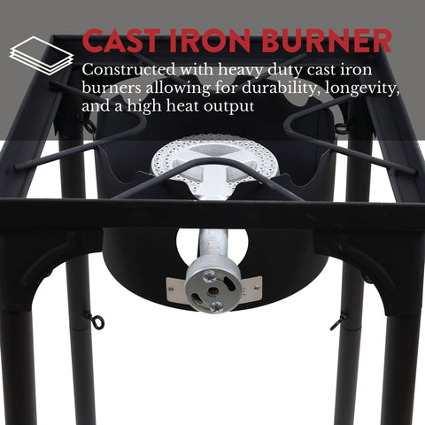 Propane Single Burner Camp Stove With High Temp Paint showing cast iron burner and steel braided regulator. Ideal for outdoor cooking.