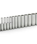 Thirteen Piece One Quarter Inch Drive Twelve Point Deep Socket Set Metric with Chrome Finish arranged sequentially