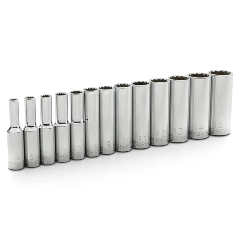 Thirteen Piece One Quarter Inch Drive Twelve Point Deep Socket Set Metric with Chrome Finish arranged sequentially