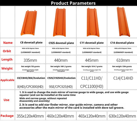 Wide Dovetail Plate For Astronomical Telescopes On Wide Track Equatorial Mounts Compatible With C8 8SE C925 C11 C14HD CPC