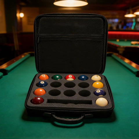 Open 17 Slot Billiard Ball Case With Foam Lining And Mesh Pouch Adjustable Shoulder Strap And Dual Zip Closure Holds Standard 2 1 4 Inch Pool Balls