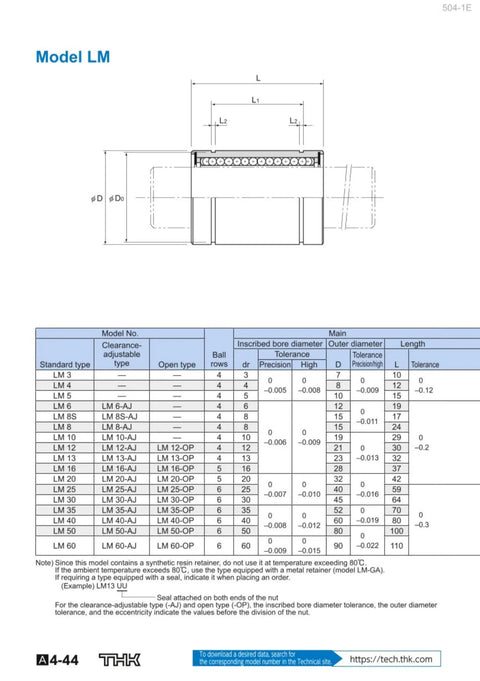 Technical diagram for LM4UU Through LM20UU Linear Bearings with specifications and dimensions chart.