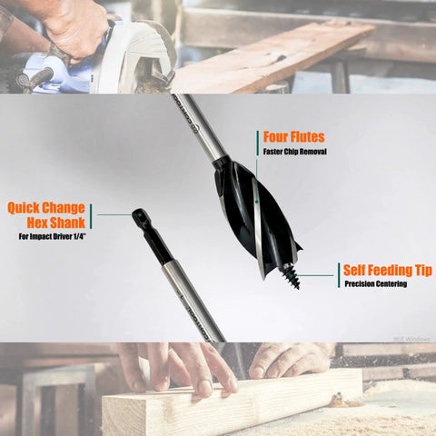 CORTOOL wood auger drill bit set with quick-change hex shank, 5 pieces in 1/2", 5/8", 3/4" and 1" sizes
