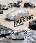 Tesla Model Y Car Cover All Weather Outdoor Protection with Waterproof UV Sun and Heat Shield on parked car showing windproof design.