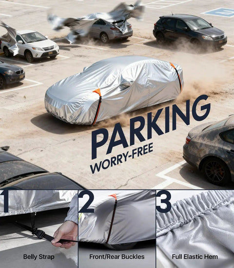 Tesla Model Y Car Cover All Weather Outdoor Protection with Waterproof UV Sun and Heat Shield on parked car showing windproof design.