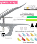 Snaps And Snap Pliers Set With 1440 T5 Plastic Buttons, 360 Sets, Includes 10 Sewing Clips And 1 Measuring Tape, tool layout view.