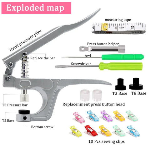 Snaps And Snap Pliers Set With 1440 T5 Plastic Buttons, 360 Sets, Includes 10 Sewing Clips And 1 Measuring Tape, tool layout view.