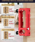 Adjustable Door Hinge Jig Tool For Router Durable Aluminum Mortise Jig installed on door, shows rounded and square corner templates.