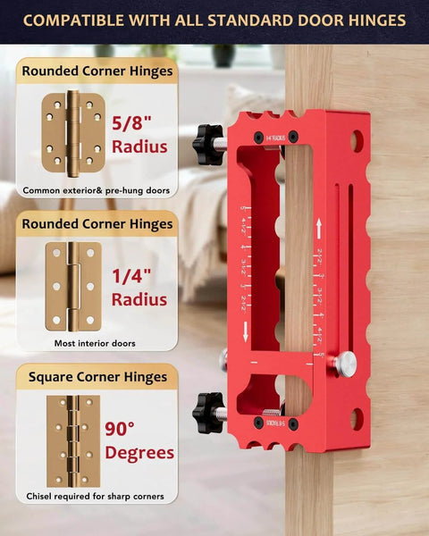 Adjustable Door Hinge Jig Tool For Router Durable Aluminum Mortise Jig installed on door, shows rounded and square corner templates.