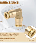 Brass 1/4 Inch 90 Degree Swivel Union Elbow Air Line Connector DOT Approved Five Pack For Pneumatic Tools Built Tough Pro Grade CA360 Brass Fittings, 250 PSI Max, Wide Temperature Range From Minus 40F To 160F, Corrosion Resistant. brass 1/4 inch 90-degree swivel elbow fitting with 1.1 in dimensions